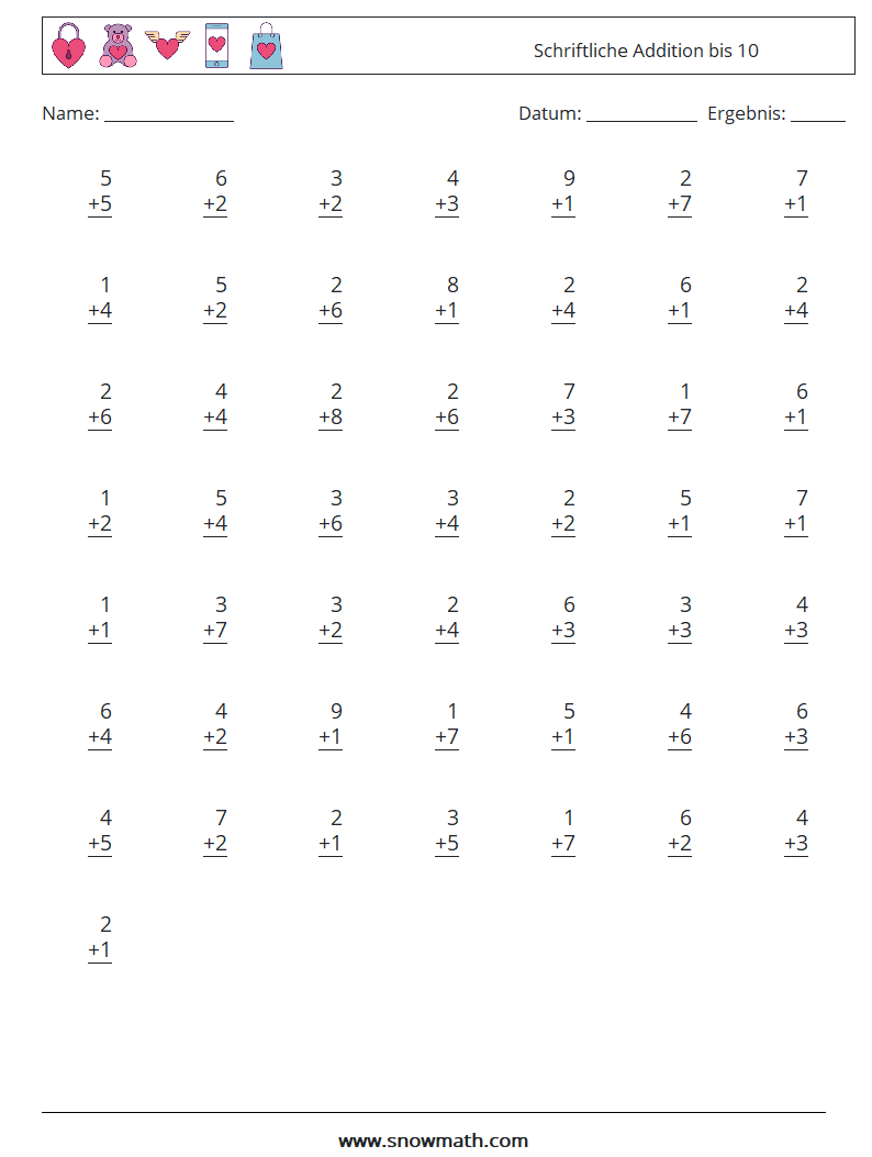 (50) Schriftliche Addition bis 10 Mathe-Arbeitsblätter 5