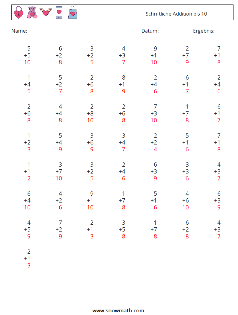 (50) Schriftliche Addition bis 10 Mathe-Arbeitsblätter 5 Frage, Antwort