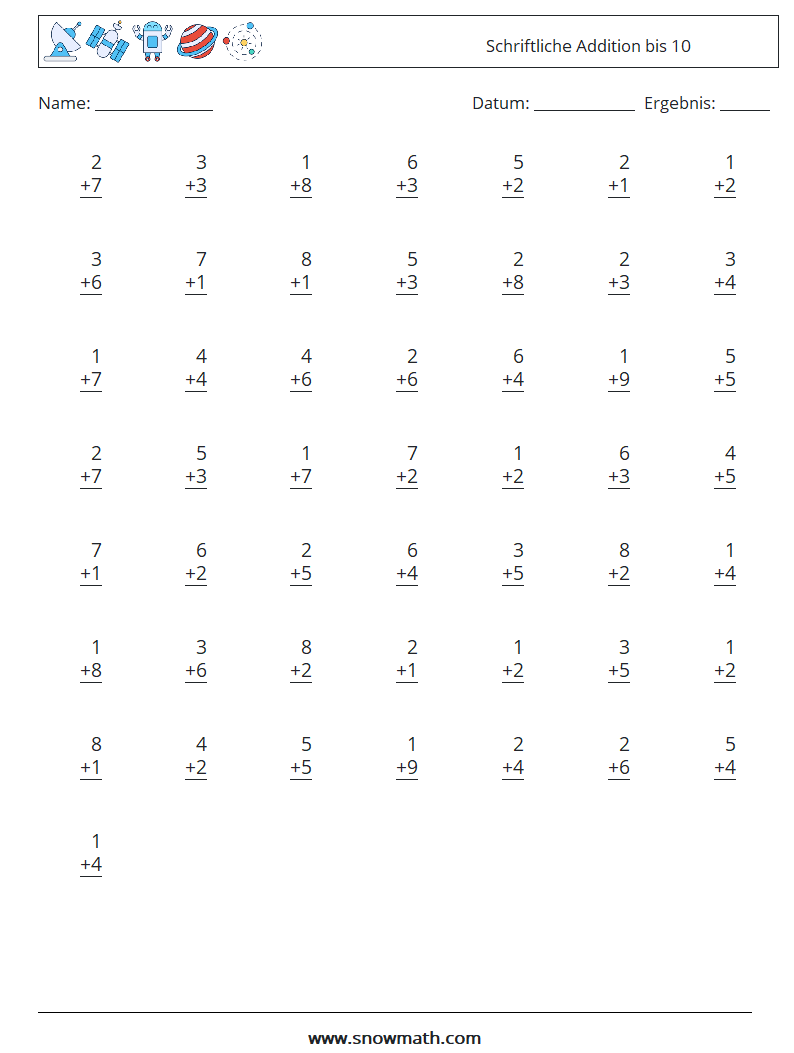 (50) Schriftliche Addition bis 10 Mathe-Arbeitsblätter 7