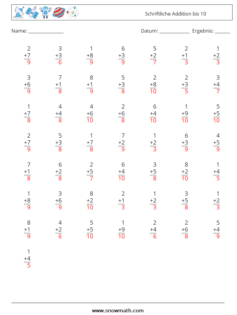 (50) Schriftliche Addition bis 10 Mathe-Arbeitsblätter 7 Frage, Antwort