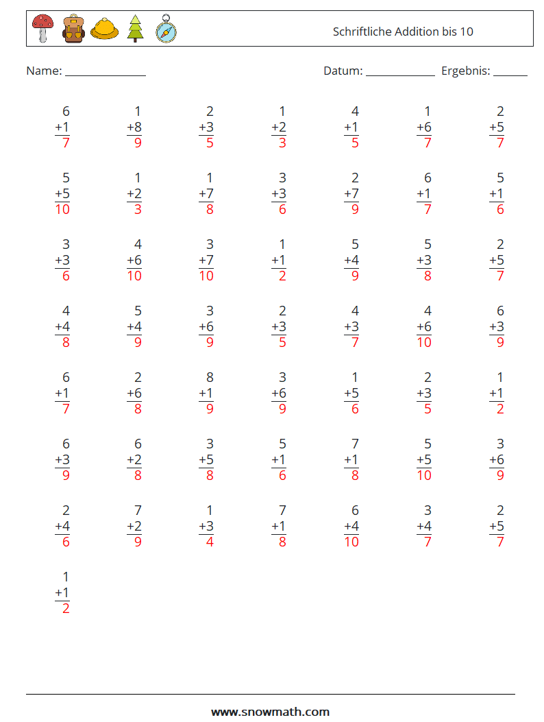 (50) Schriftliche Addition bis 10 Mathe-Arbeitsblätter 8 Frage, Antwort