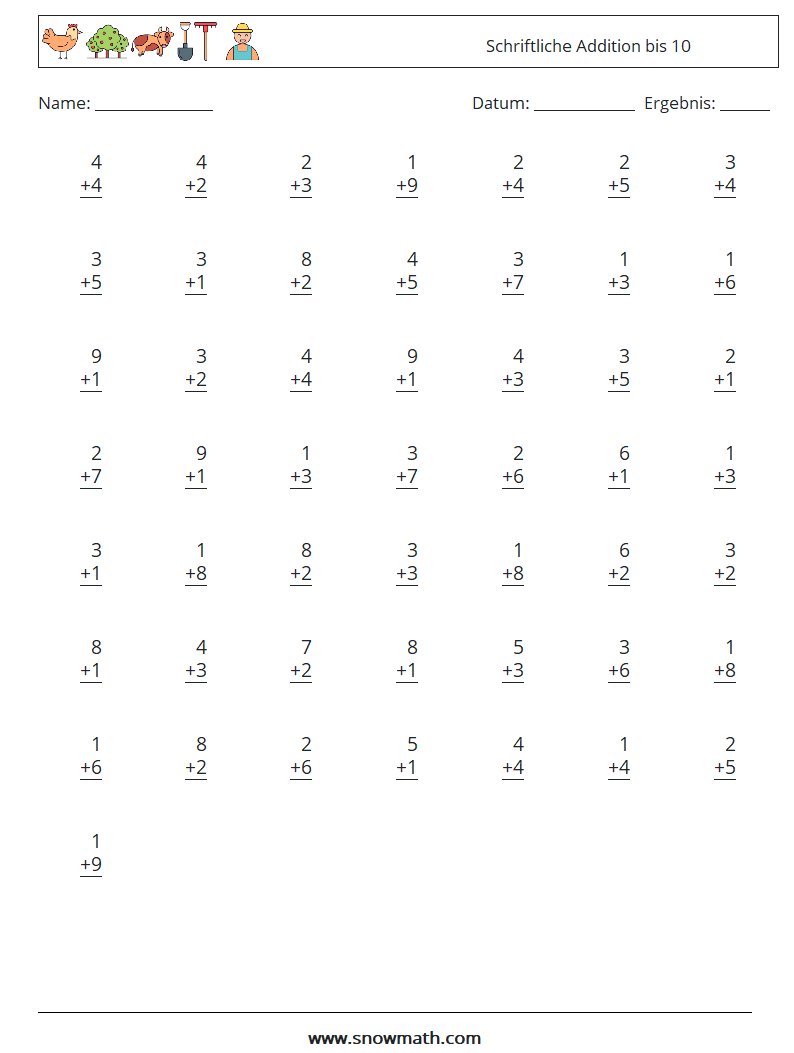(50) Schriftliche Addition bis 10 Mathe-Arbeitsblätter 9