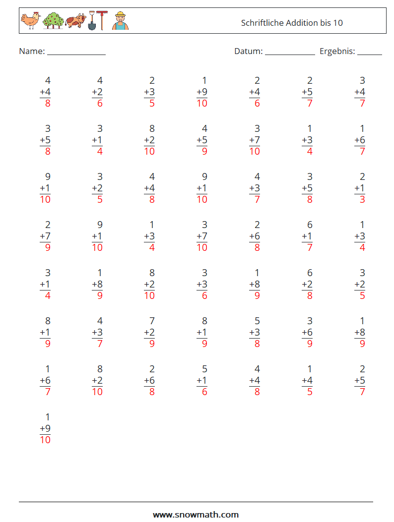 (50) Schriftliche Addition bis 10 Mathe-Arbeitsblätter 9 Frage, Antwort