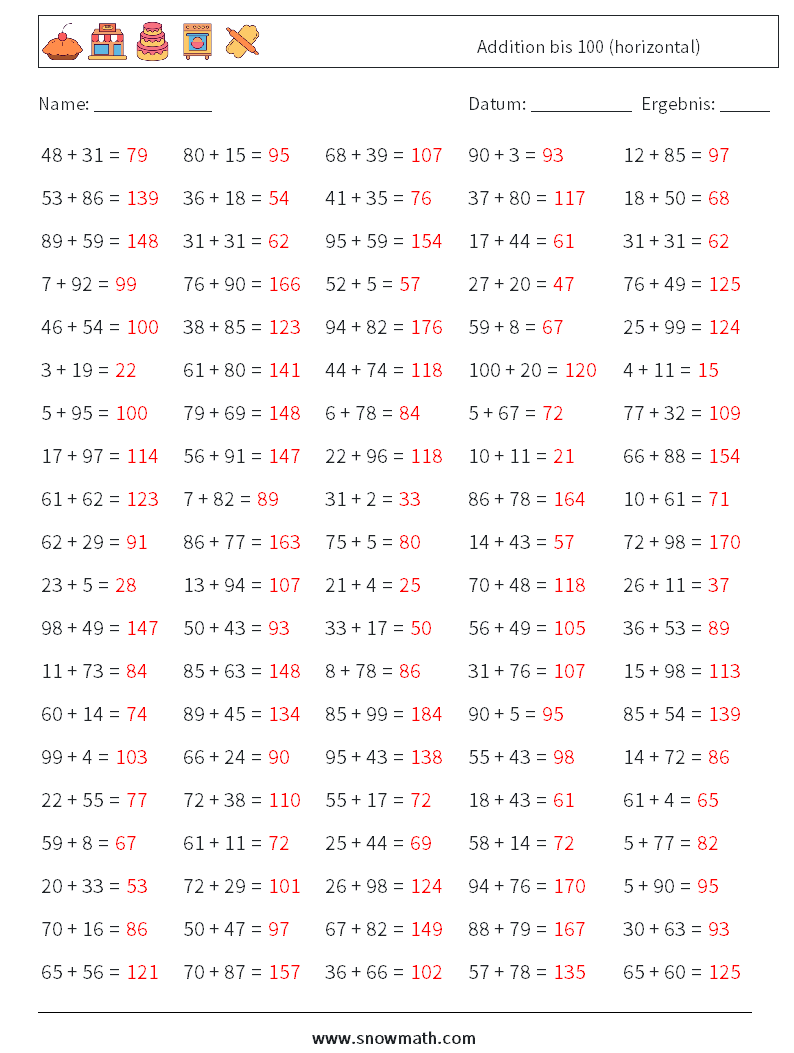 (100) Addition bis 100 (horizontal) Mathe-Arbeitsblätter 1 Frage, Antwort