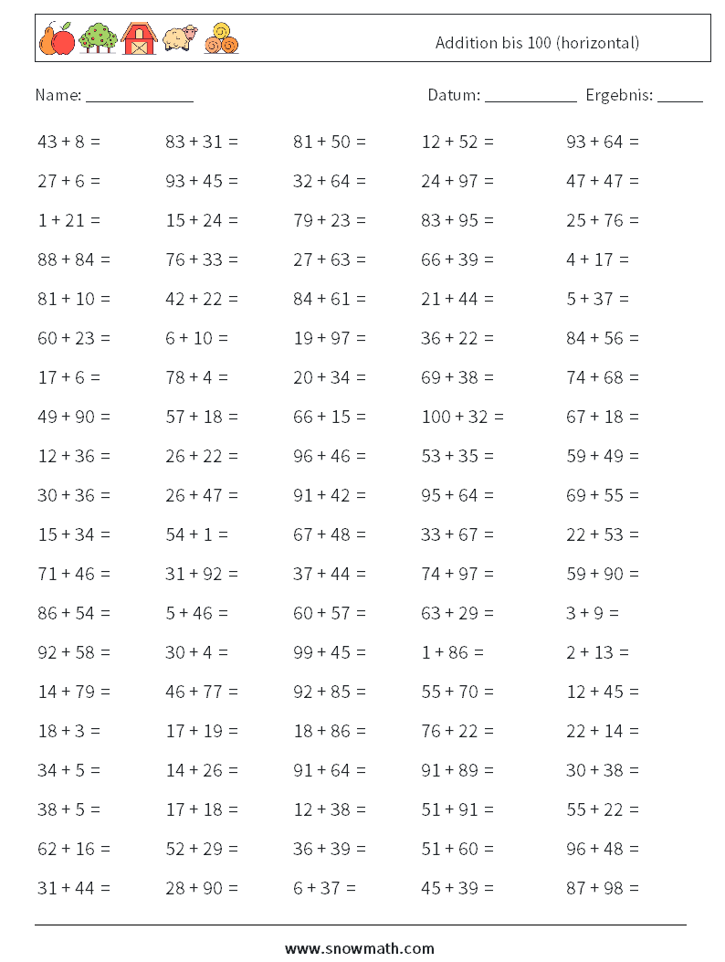 (100) Addition bis 100 (horizontal) Mathe-Arbeitsblätter 2