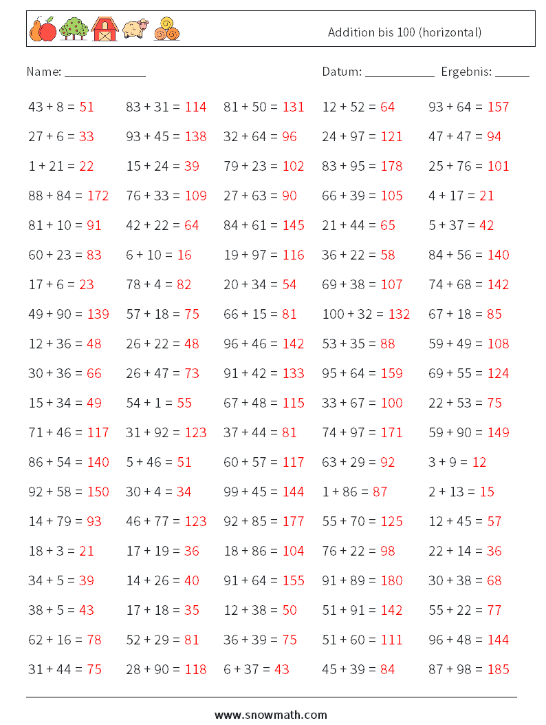 (100) Addition bis 100 (horizontal) Mathe-Arbeitsblätter 2 Frage, Antwort