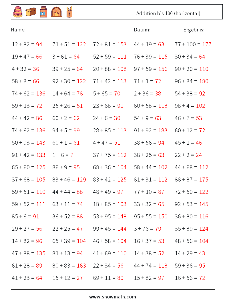 (100) Addition bis 100 (horizontal) Mathe-Arbeitsblätter 3 Frage, Antwort