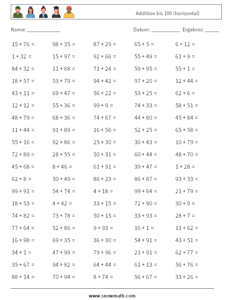 (100) Addition bis 100 (horizontal) Mathe-Arbeitsblätter 4