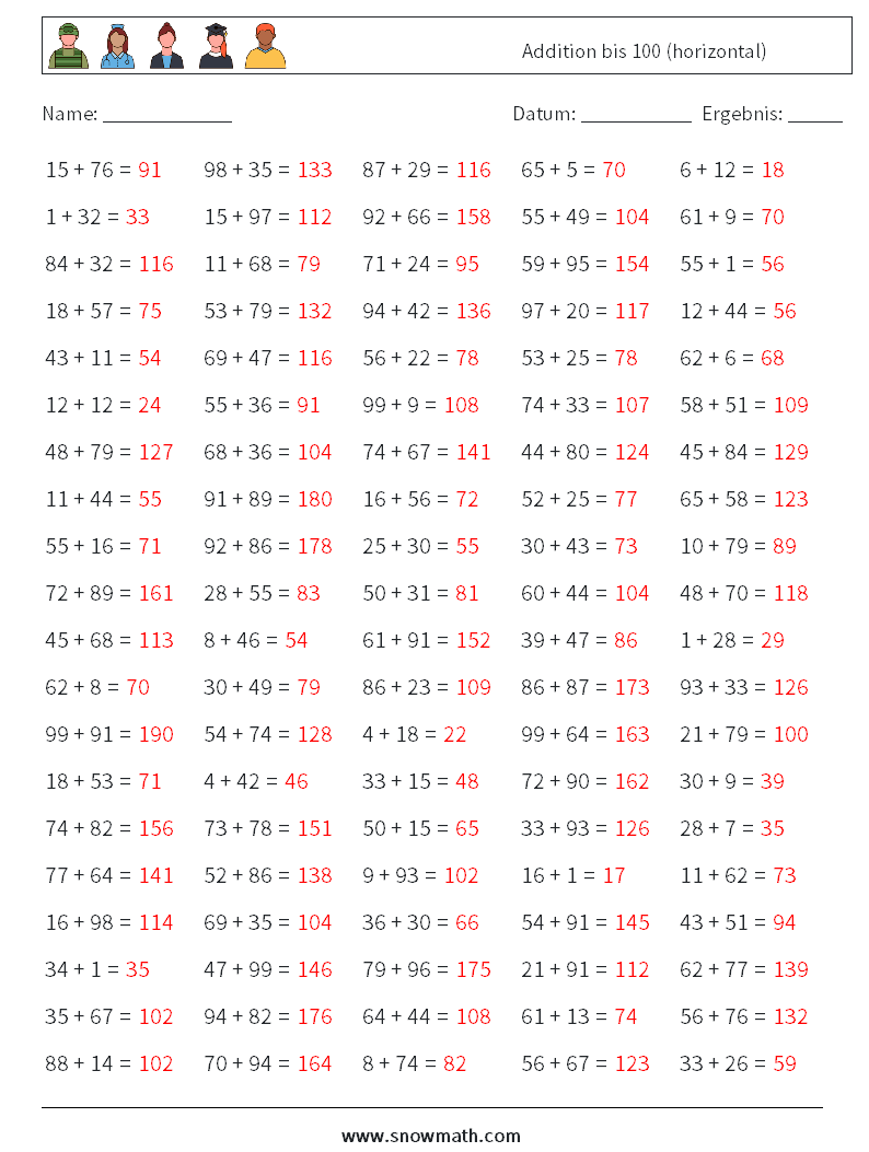 (100) Addition bis 100 (horizontal) Mathe-Arbeitsblätter 4 Frage, Antwort
