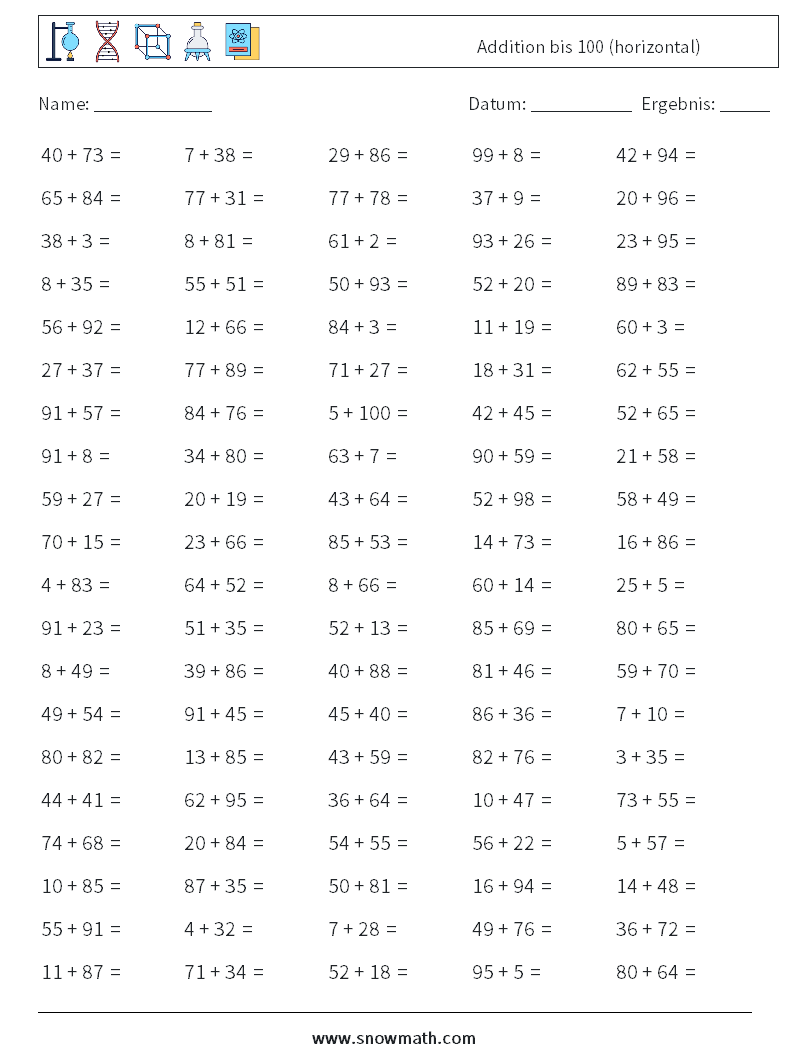 (100) Addition bis 100 (horizontal) Mathe-Arbeitsblätter 5