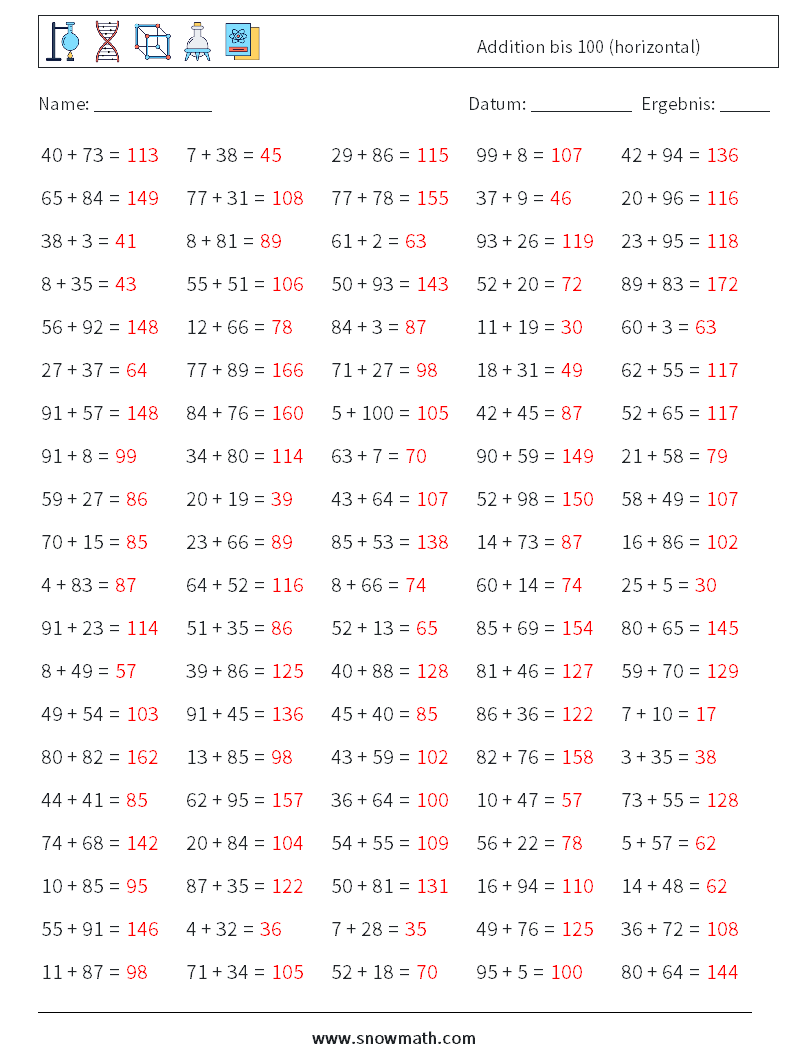 (100) Addition bis 100 (horizontal) Mathe-Arbeitsblätter 5 Frage, Antwort