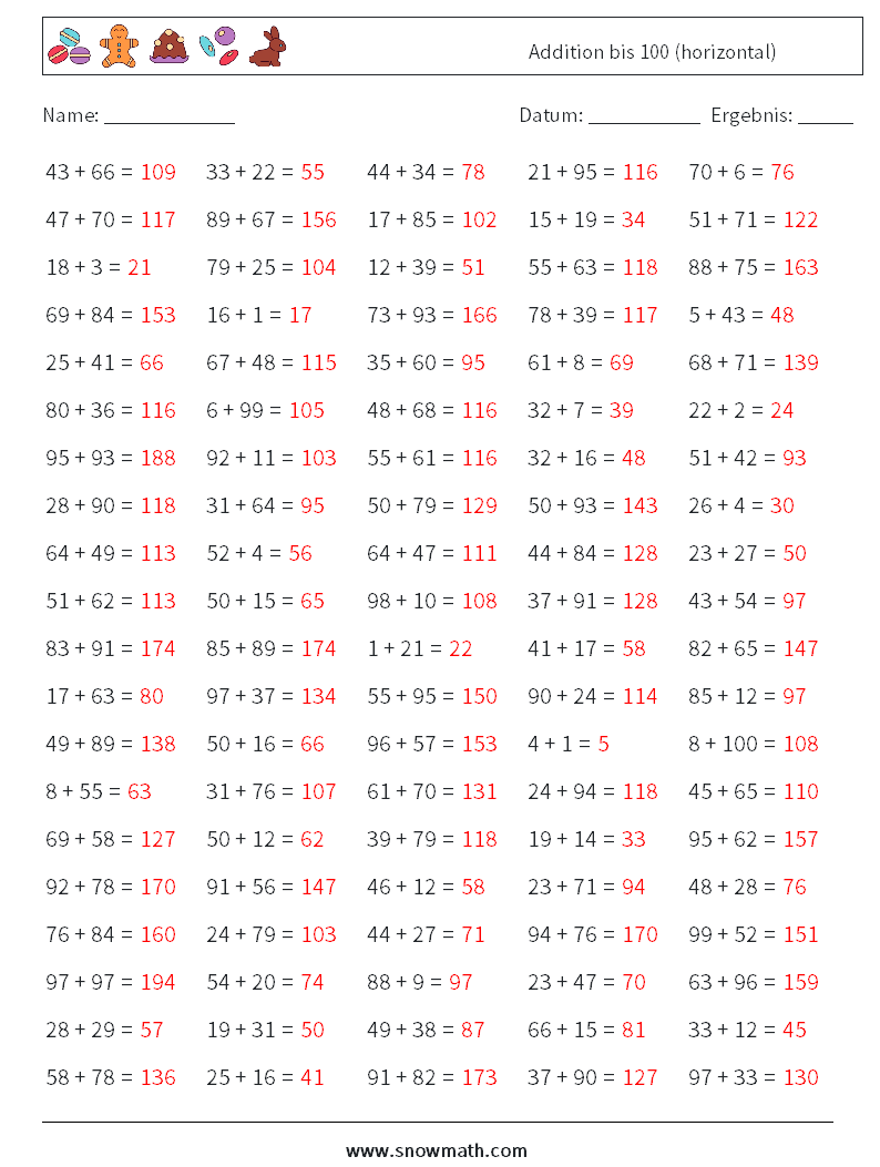 (100) Addition bis 100 (horizontal) Mathe-Arbeitsblätter 6 Frage, Antwort