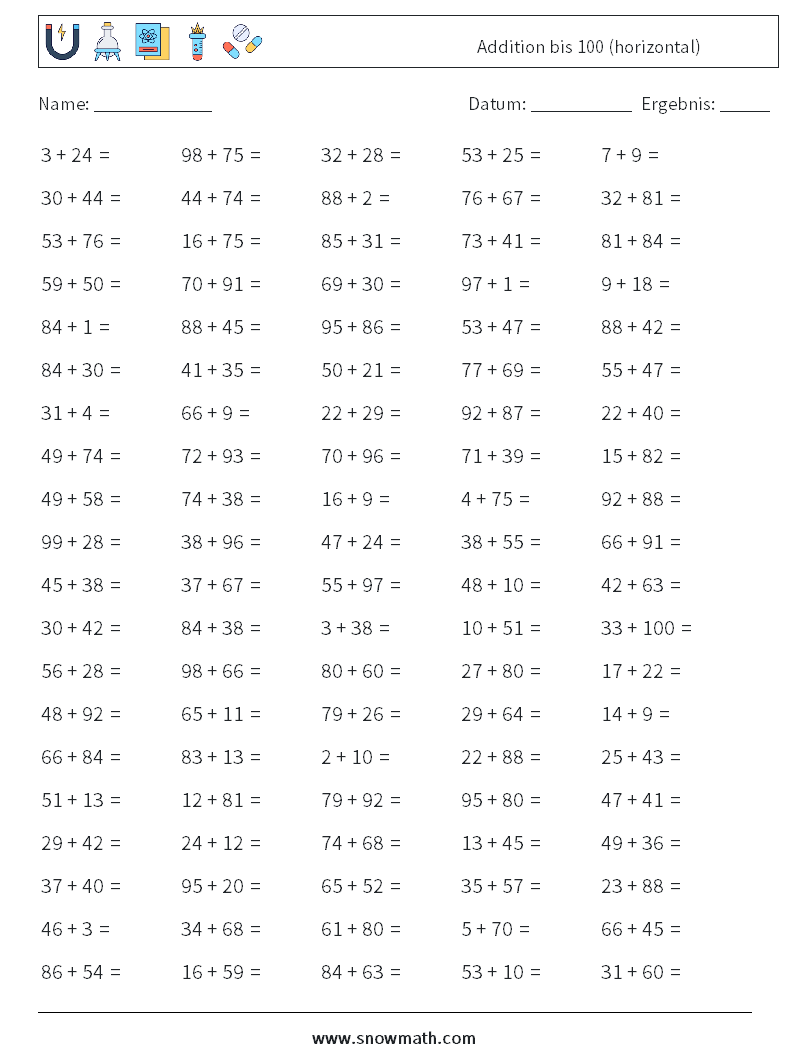 (100) Addition bis 100 (horizontal) Mathe-Arbeitsblätter 7