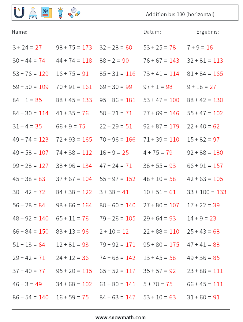 (100) Addition bis 100 (horizontal) Mathe-Arbeitsblätter 7 Frage, Antwort
