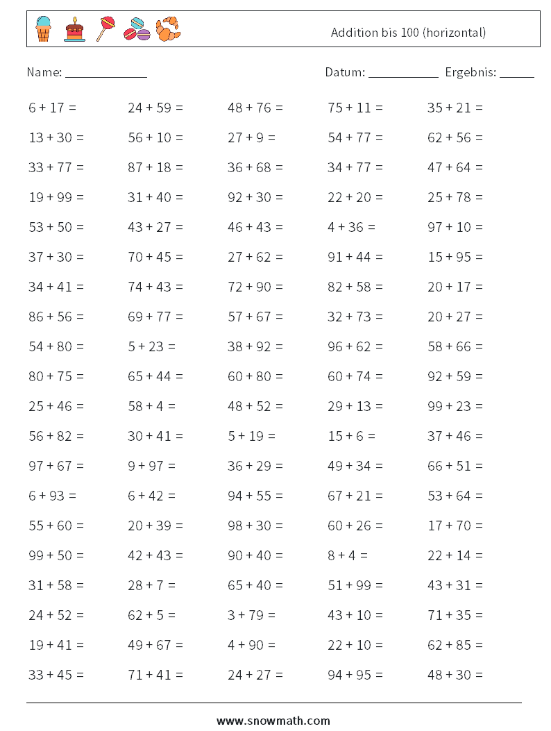 (100) Addition bis 100 (horizontal) Mathe-Arbeitsblätter 8