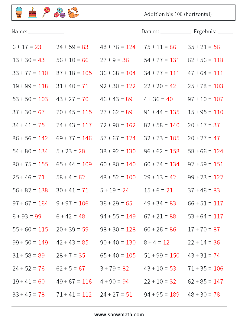 (100) Addition bis 100 (horizontal) Mathe-Arbeitsblätter 8 Frage, Antwort