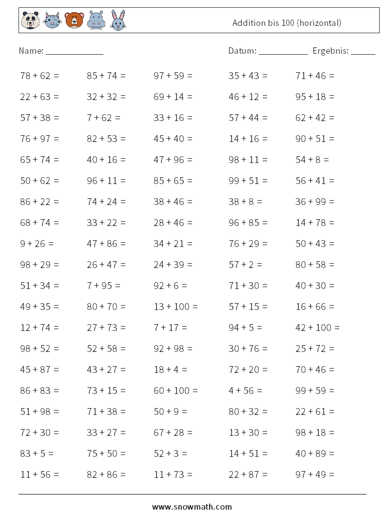(100) Addition bis 100 (horizontal) Mathe-Arbeitsblätter 9
