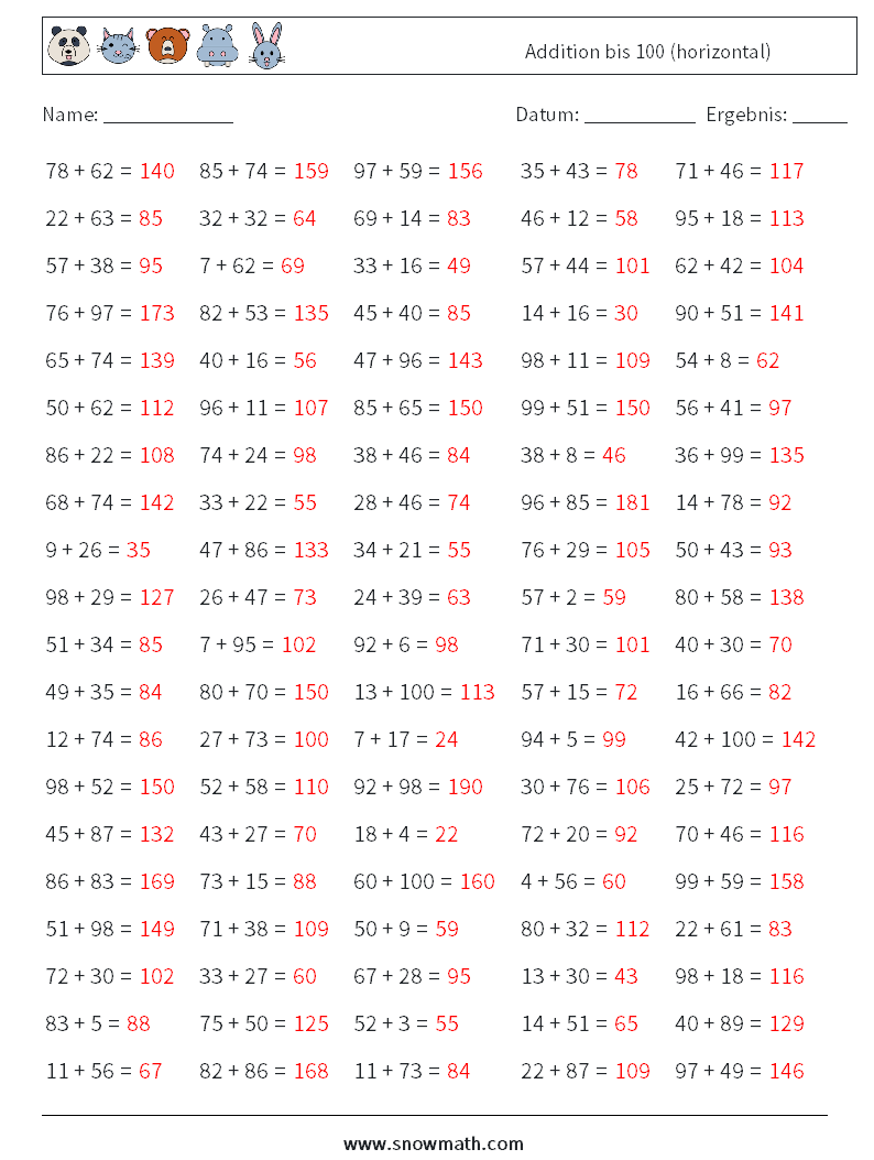 (100) Addition bis 100 (horizontal) Mathe-Arbeitsblätter 9 Frage, Antwort