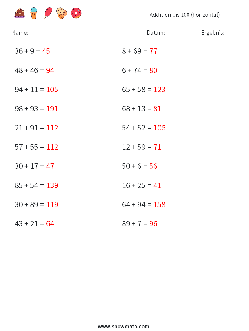 (20) Addition bis 100 (horizontal) Mathe-Arbeitsblätter 1 Frage, Antwort