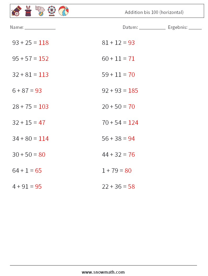 (20) Addition bis 100 (horizontal) Mathe-Arbeitsblätter 2 Frage, Antwort
