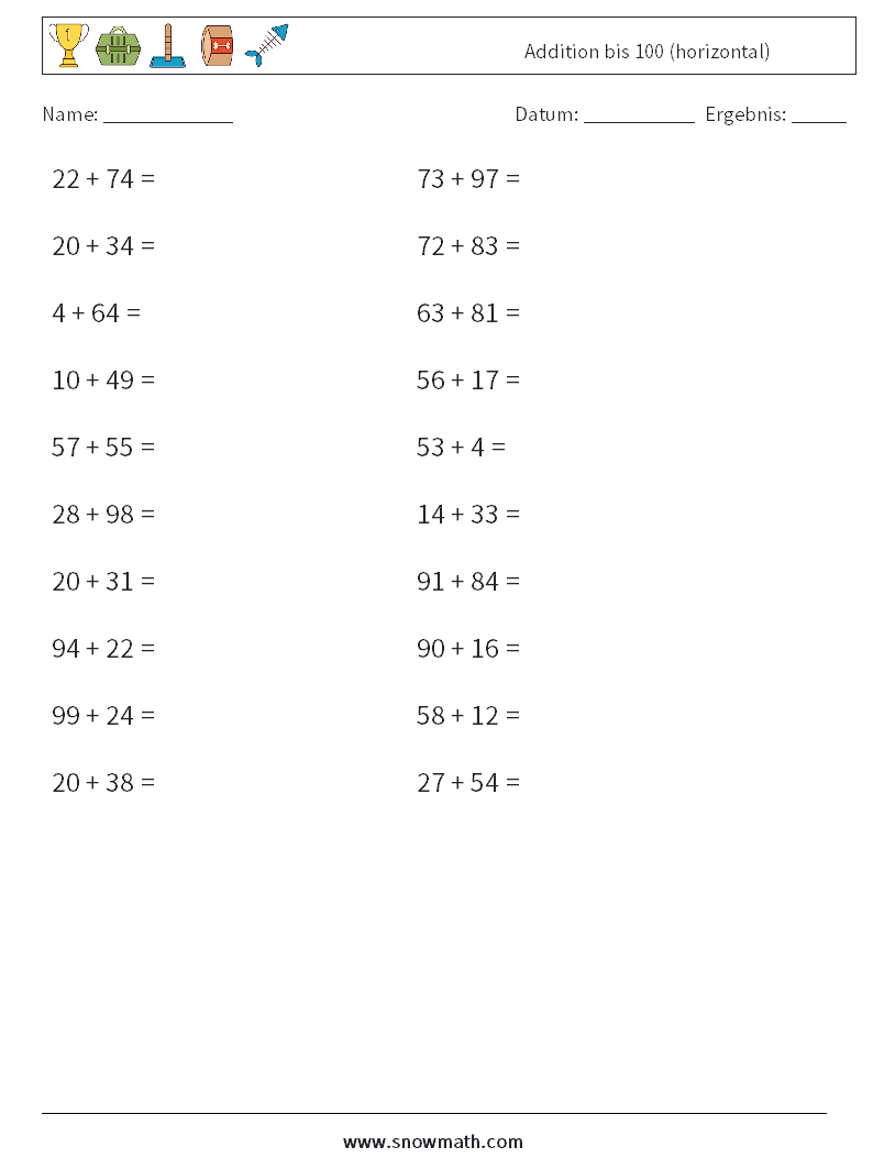 (20) Addition bis 100 (horizontal) Mathe-Arbeitsblätter 3