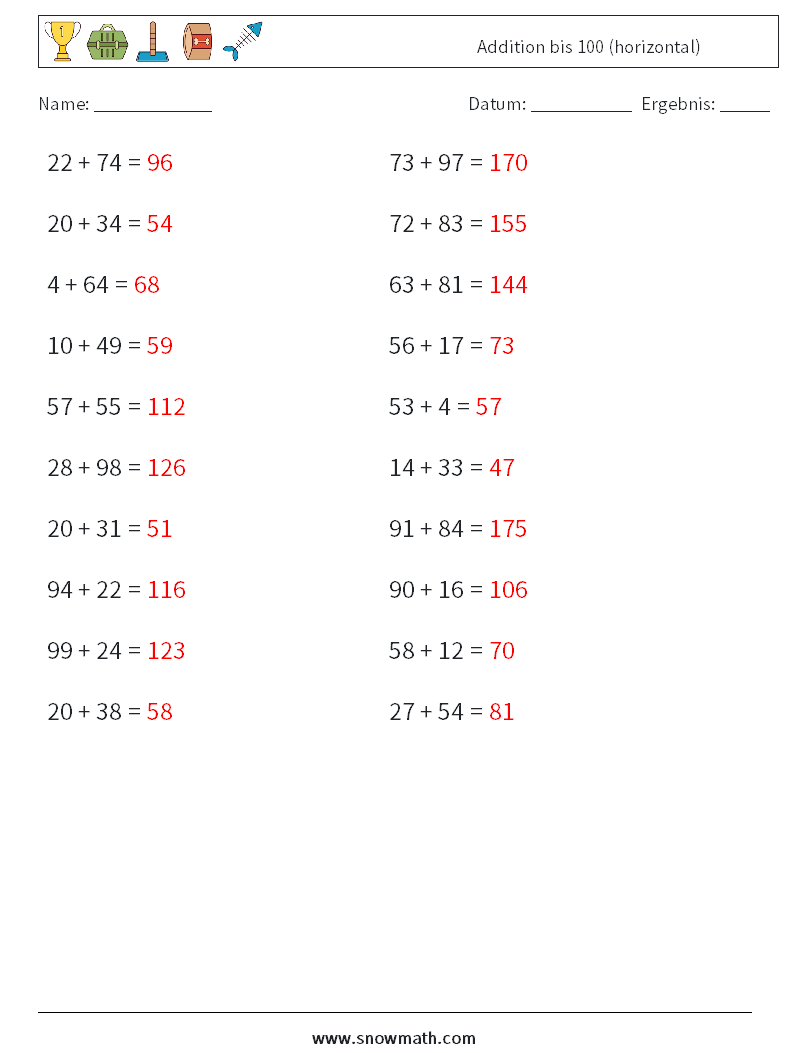 (20) Addition bis 100 (horizontal) Mathe-Arbeitsblätter 3 Frage, Antwort