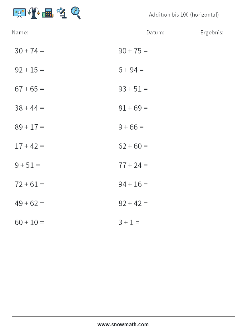 (20) Addition bis 100 (horizontal) Mathe-Arbeitsblätter 4