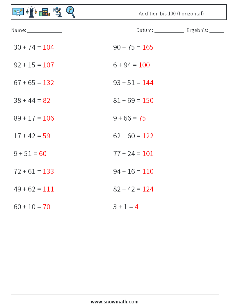 (20) Addition bis 100 (horizontal) Mathe-Arbeitsblätter 4 Frage, Antwort