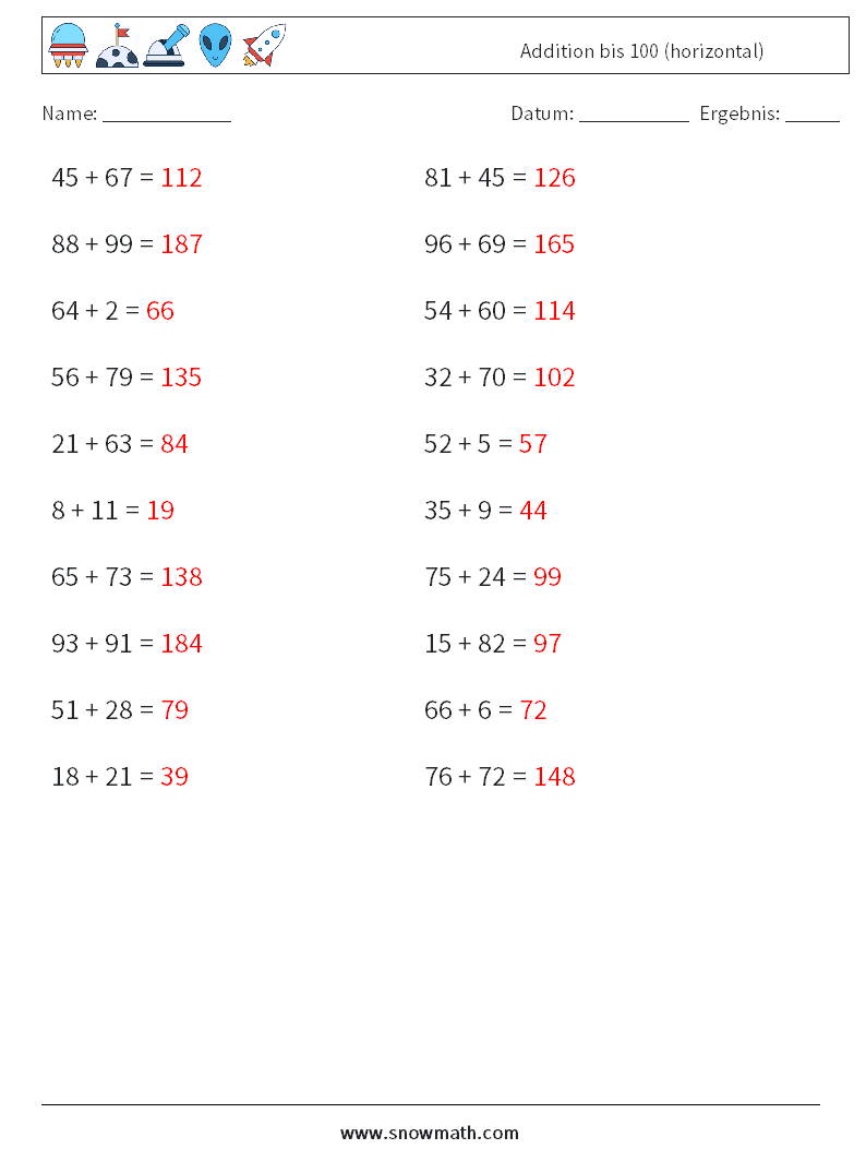 (20) Addition bis 100 (horizontal) Mathe-Arbeitsblätter 5 Frage, Antwort