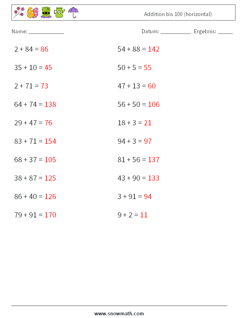 (20) Addition bis 100 (horizontal) Mathe-Arbeitsblätter 6 Frage, Antwort