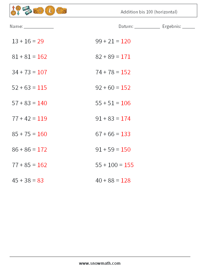 (20) Addition bis 100 (horizontal) Mathe-Arbeitsblätter 7 Frage, Antwort