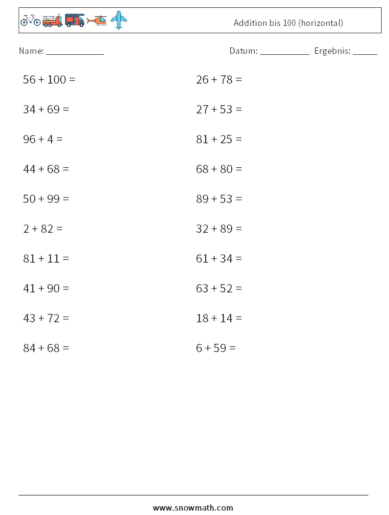 (20) Addition bis 100 (horizontal) Mathe-Arbeitsblätter 8