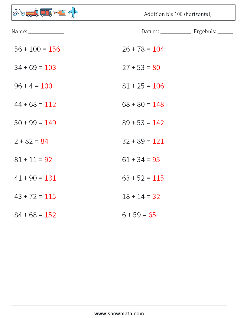 (20) Addition bis 100 (horizontal) Mathe-Arbeitsblätter 8 Frage, Antwort