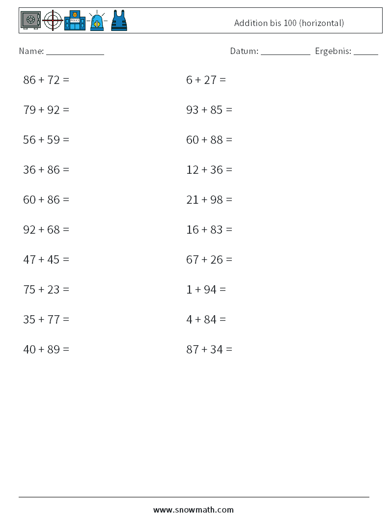 (20) Addition bis 100 (horizontal) Mathe-Arbeitsblätter 9