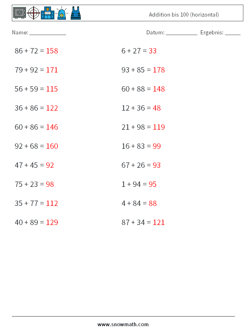 (20) Addition bis 100 (horizontal) Mathe-Arbeitsblätter 9 Frage, Antwort