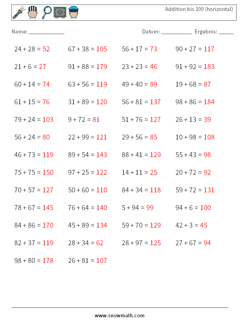 (50) Addition bis 100 (horizontal) Mathe-Arbeitsblätter 1 Frage, Antwort