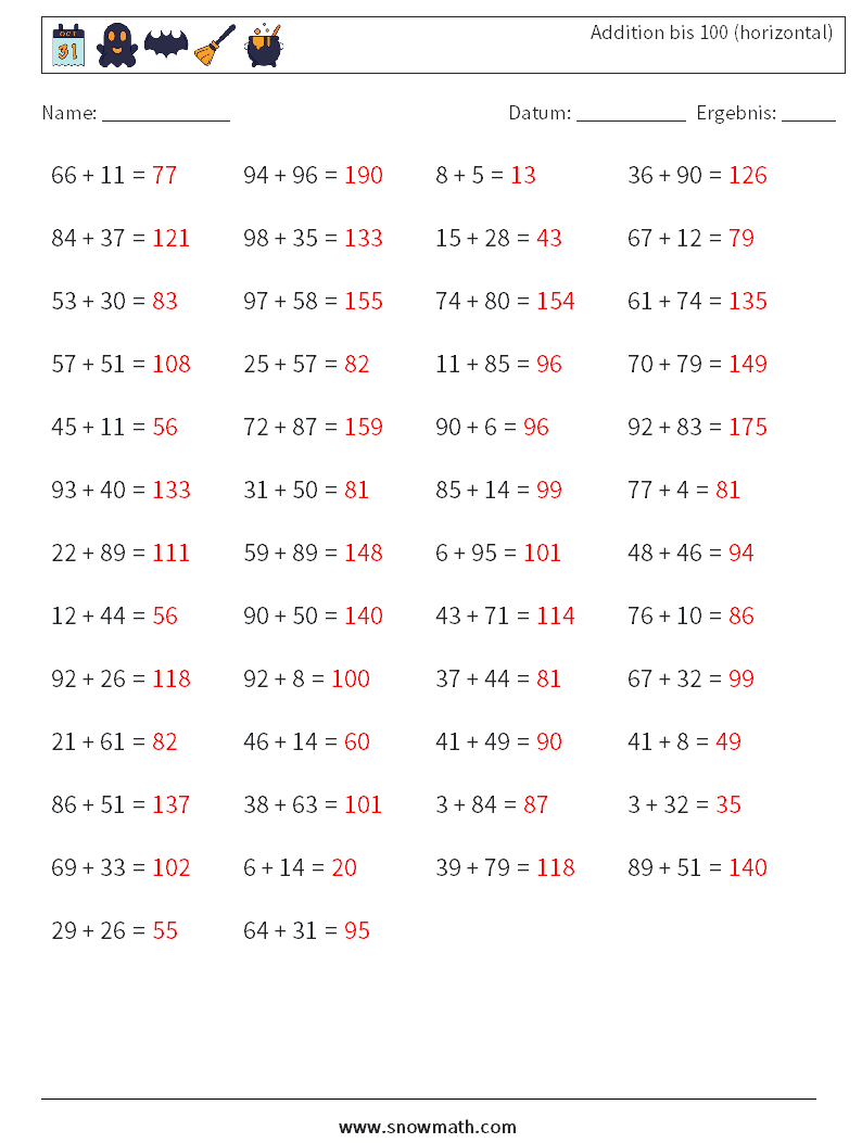 (50) Addition bis 100 (horizontal) Mathe-Arbeitsblätter 2 Frage, Antwort