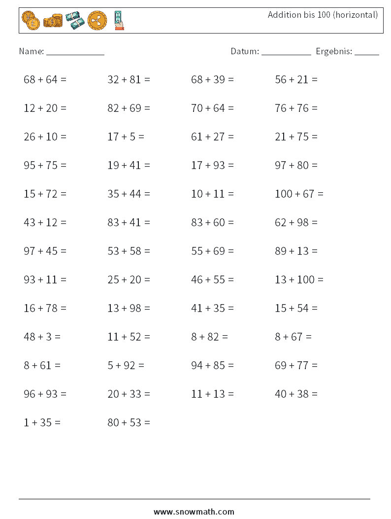 (50) Addition bis 100 (horizontal) Mathe-Arbeitsblätter 3