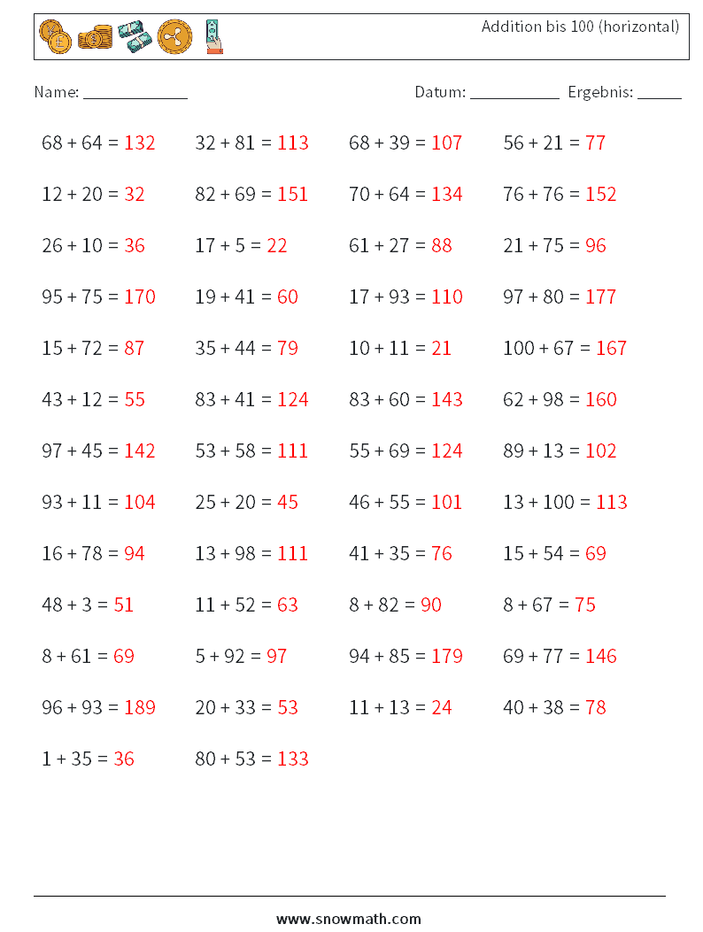(50) Addition bis 100 (horizontal) Mathe-Arbeitsblätter 3 Frage, Antwort