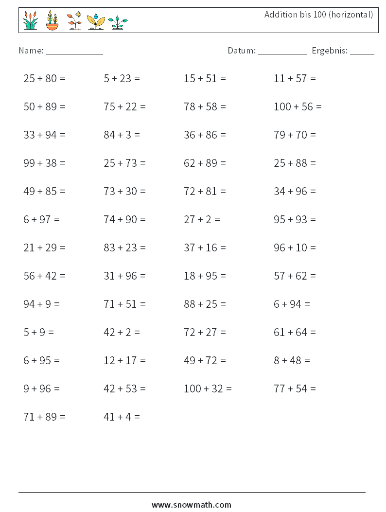 (50) Addition bis 100 (horizontal) Mathe-Arbeitsblätter 4