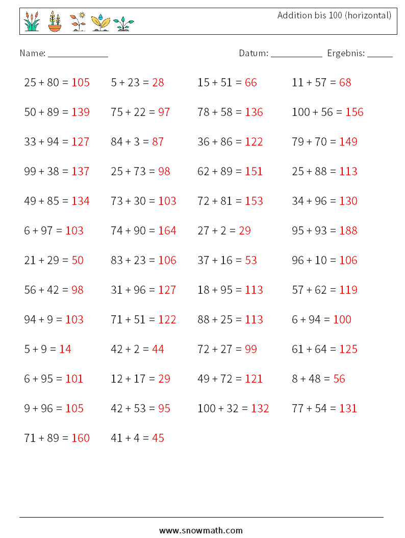 (50) Addition bis 100 (horizontal) Mathe-Arbeitsblätter 4 Frage, Antwort