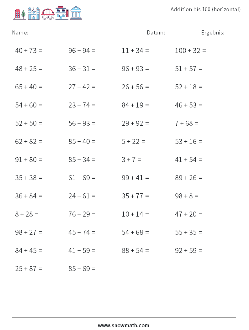 (50) Addition bis 100 (horizontal) Mathe-Arbeitsblätter 5