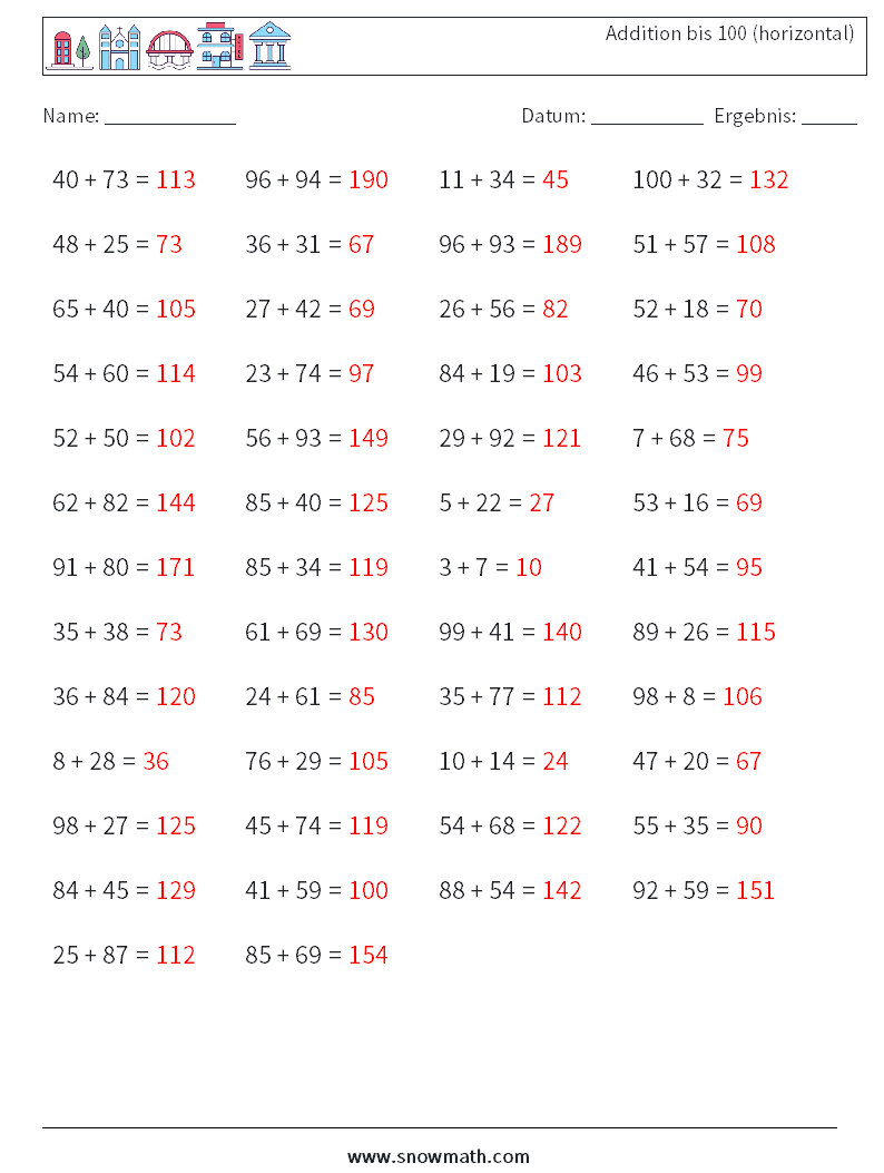 (50) Addition bis 100 (horizontal) Mathe-Arbeitsblätter 5 Frage, Antwort