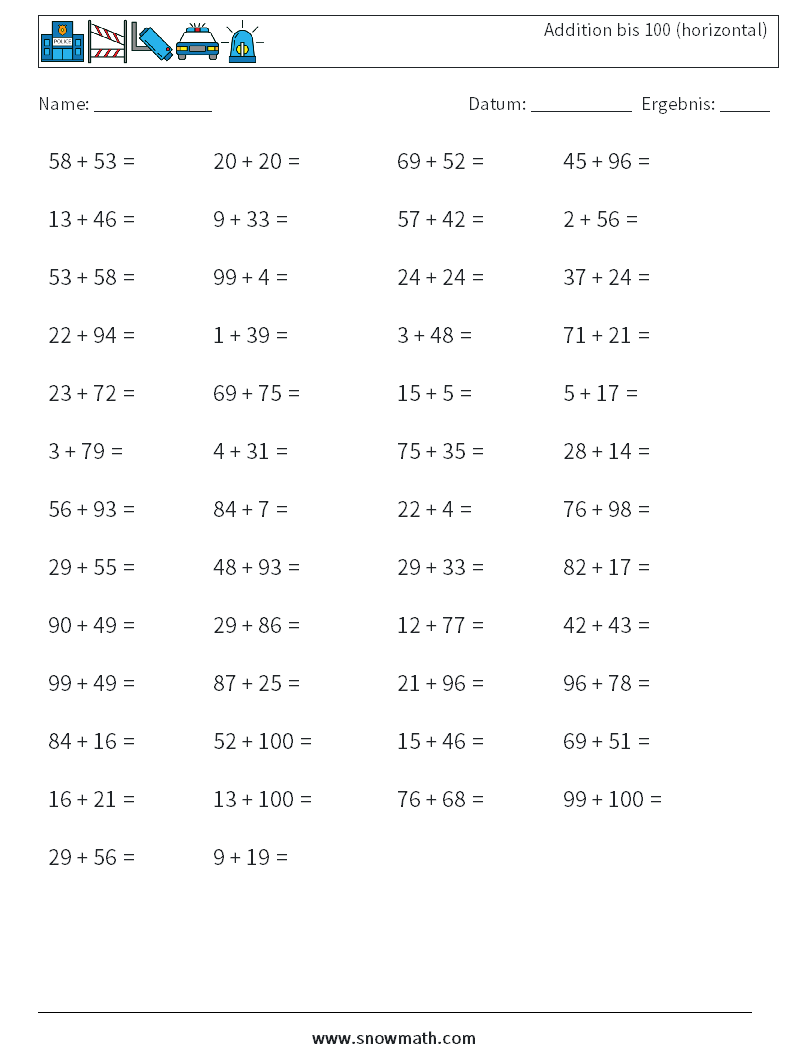 (50) Addition bis 100 (horizontal) Mathe-Arbeitsblätter 6