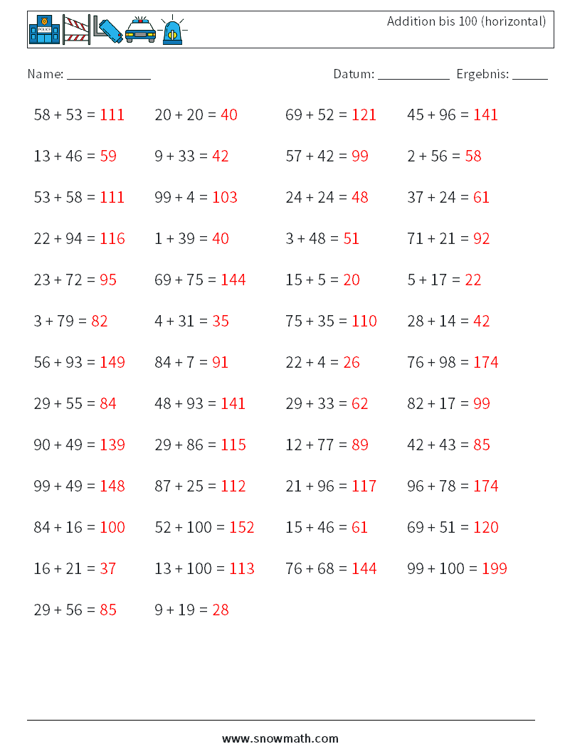 (50) Addition bis 100 (horizontal) Mathe-Arbeitsblätter 6 Frage, Antwort