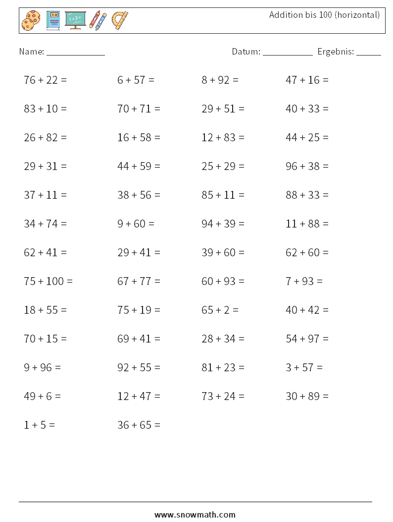 (50) Addition bis 100 (horizontal) Mathe-Arbeitsblätter 7