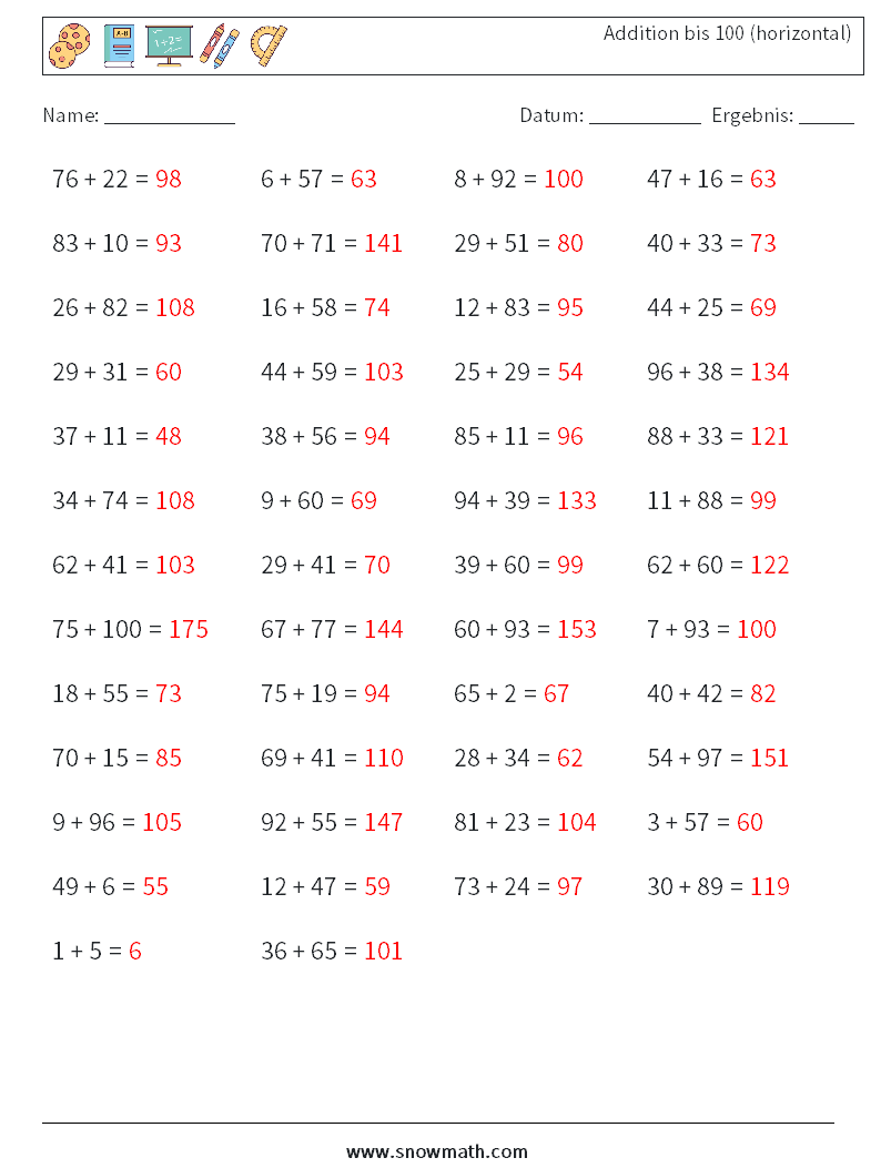 (50) Addition bis 100 (horizontal) Mathe-Arbeitsblätter 7 Frage, Antwort