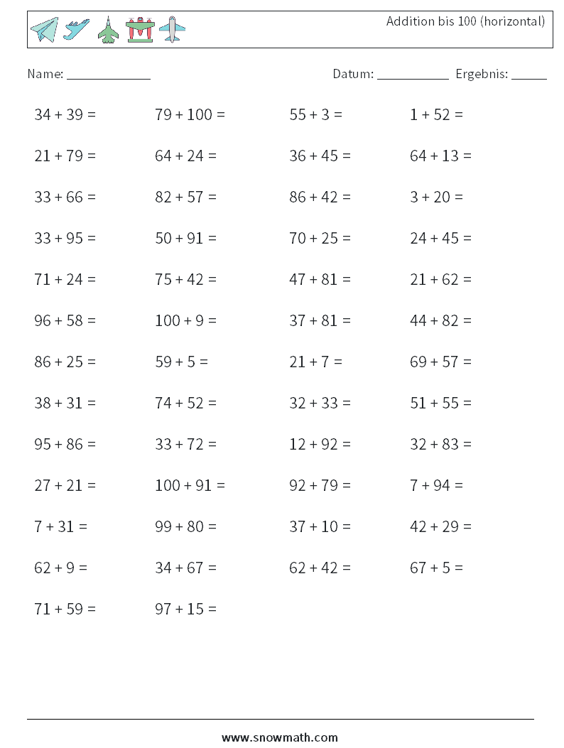 (50) Addition bis 100 (horizontal) Mathe-Arbeitsblätter 8