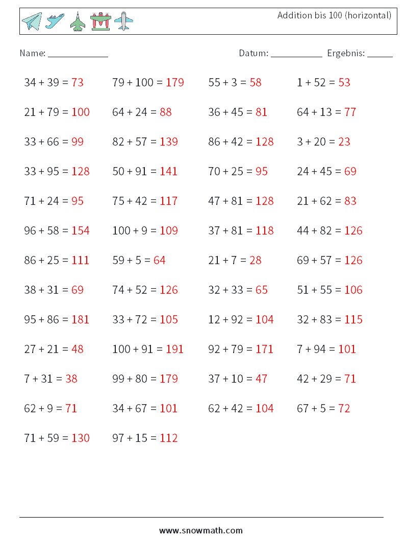 (50) Addition bis 100 (horizontal) Mathe-Arbeitsblätter 8 Frage, Antwort