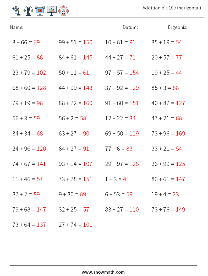 (50) Addition bis 100 (horizontal) Mathe-Arbeitsblätter 9 Frage, Antwort